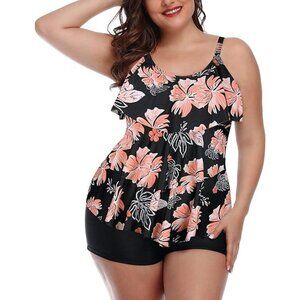 Yonique 12W Tankini Swimsuit Set Womens Floral Ruffle High Waisted Bottom